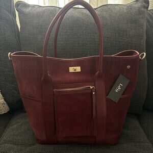 NEW La Via‎ Firenze Suede Tote Bag Claire Red Burgundy Italian Leather **FLAW**
